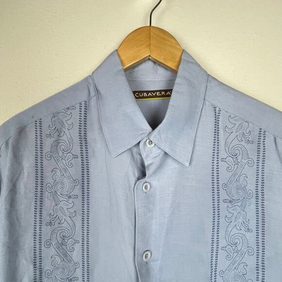 Cubavera Men's Short Sleeve Button-Up Shirt – Size L – Blue Paisley Panel Design - Picture 2 of 10